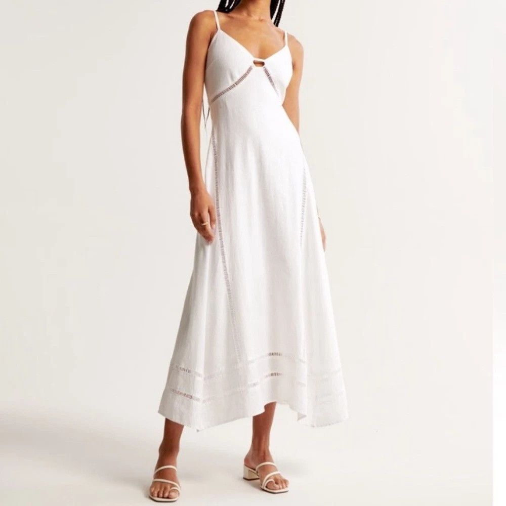 Abercrombie & Fitch Dress Womens MT Tall White Linen Maxi Sundress Crochet